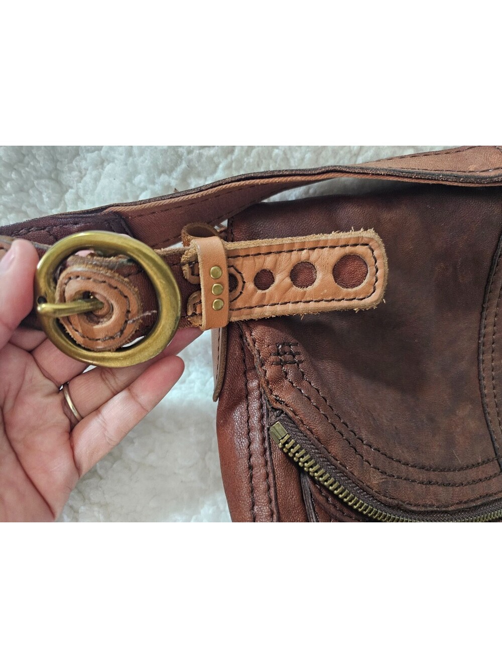 Lucky Brand Stash Fold Over Purse Hobo Bag Vintage Brown Lambskin Leather Boho - Picture 10 of 16